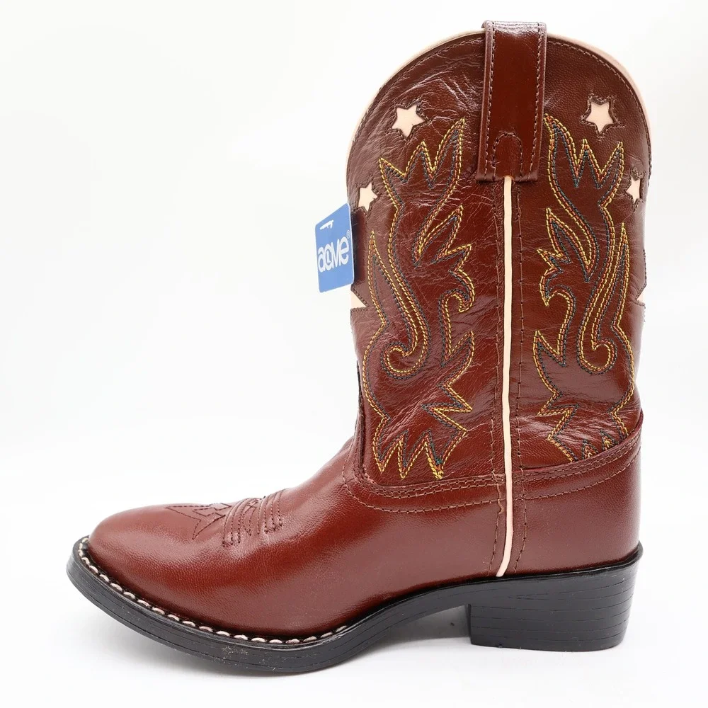 Acme Vintage Style Western Boots Kids 3 Brown Leather NWT AC146 Star Inlay